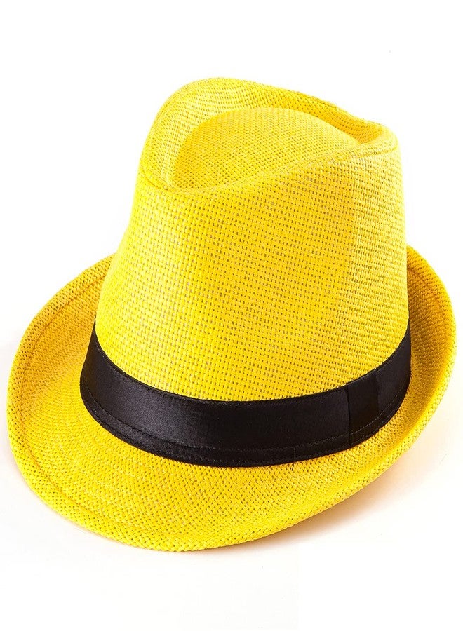 LADYBRO Lemon-Yellow Straw Trilby Fedora Hat for Men 1920s Short Brim Panama Cap 7 1/4 - Image 1